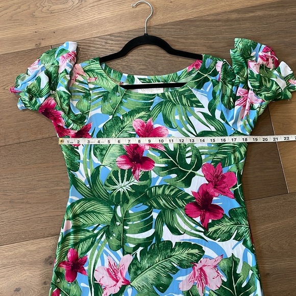 Pappagallo Womens Tropical Floral Shift Dress S Green Pink Ruffle Sleeve Vacay - Picture 9 of 12